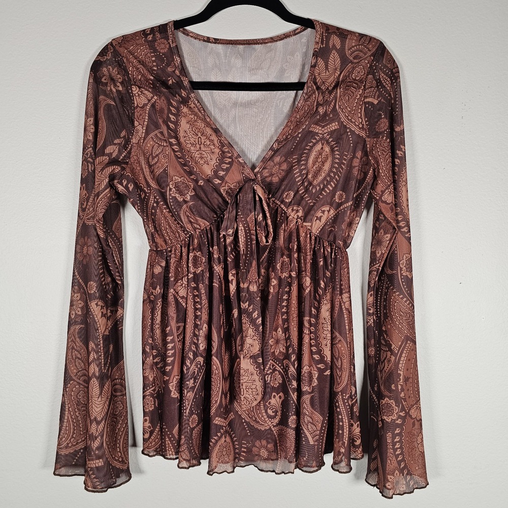 Womens Medium Y2K Sheer Mesh Babydoll Top Brown Paisley Fairy Whimsigoth Stretch